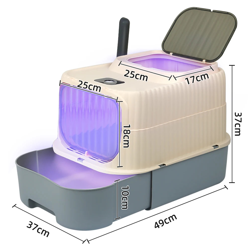 Toaletă pentru Pisici cu Sterilizare UV – Cutie Mare cu Capac, Sertar și Lopățică, Control Eficient al Mirosurilor