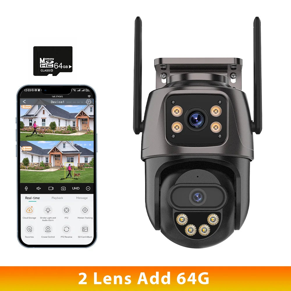 Cameră de Supraveghere WiFi IP 6K HD cu 3 Lentile, Zoom 8X, PTZ 360°, Auto Tracking, Dual Screen, 8MP 4K, Cameră Wireless pentru Exterior, Control prin Aplicația iCsee