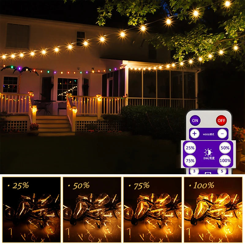 ST38 Solar Outdoor String Light with Remote,8 Light Mode,Waterproof Dimmable Timer Shatterproof Bulb for Backyard, Porch, Garden