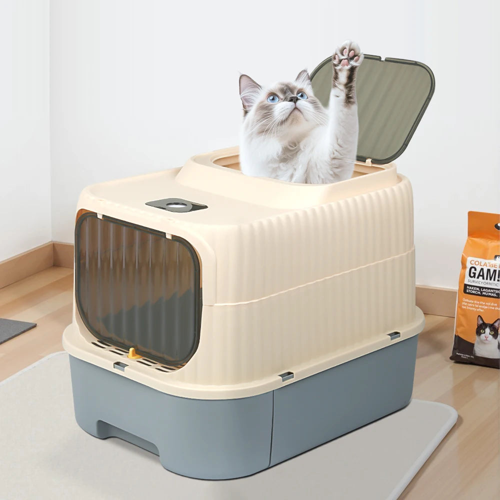 Toaletă pentru Pisici cu Sterilizare UV – Cutie Mare cu Capac, Sertar și Lopățică, Control Eficient al Mirosurilor
