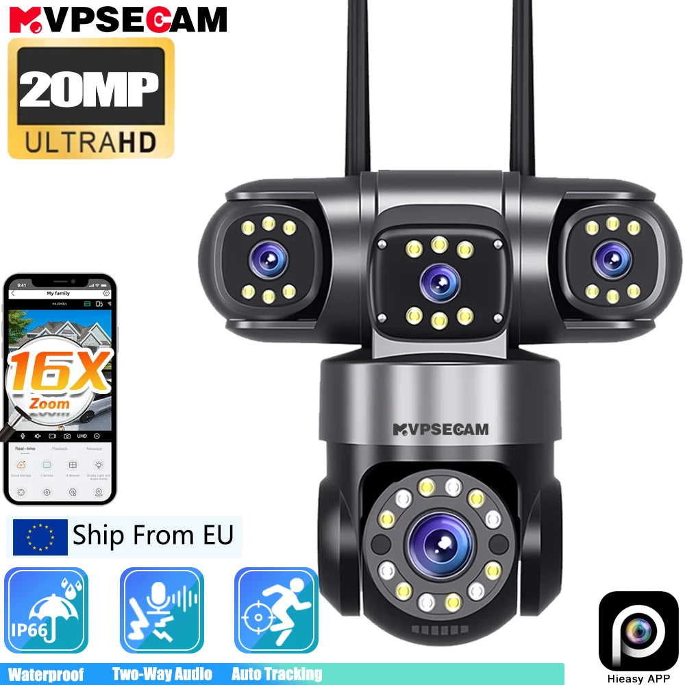4 Lens 4 Screen 20MP WiFi  Security Camera  Color Night Vision Auto Tracking 360° PTZ IP66 Waterproof Two-Way Audio  HiEasy APP