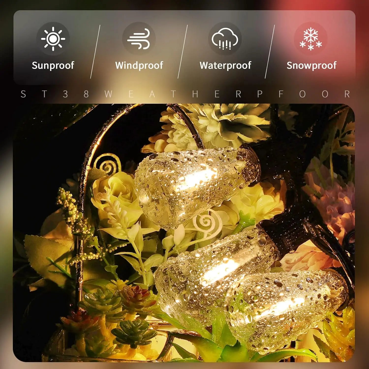 ST38 Solar Outdoor String Light with Remote,8 Light Mode,Waterproof Dimmable Timer Shatterproof Bulb for Backyard, Porch, Garden