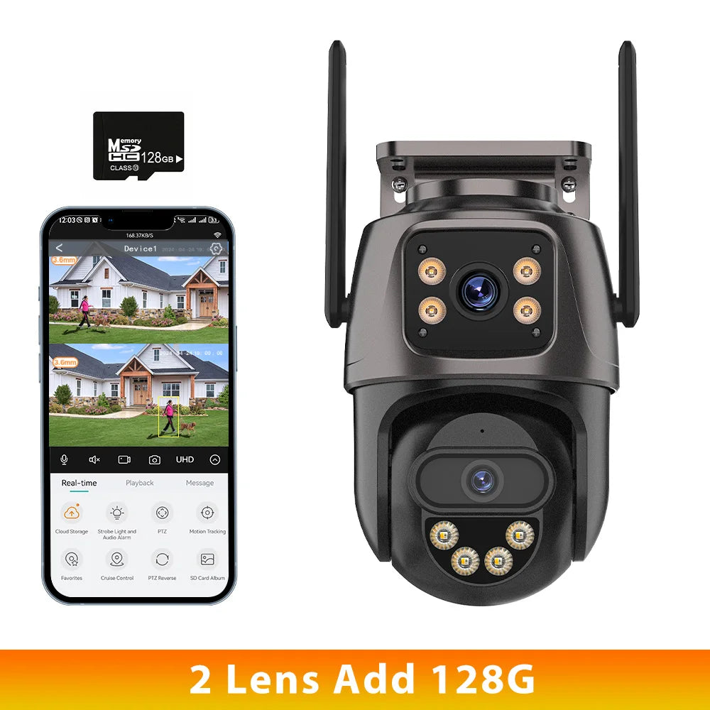 Cameră de Supraveghere WiFi IP 6K HD cu 3 Lentile, Zoom 8X, PTZ 360°, Auto Tracking, Dual Screen, 8MP 4K, Cameră Wireless pentru Exterior, Control prin Aplicația iCsee
