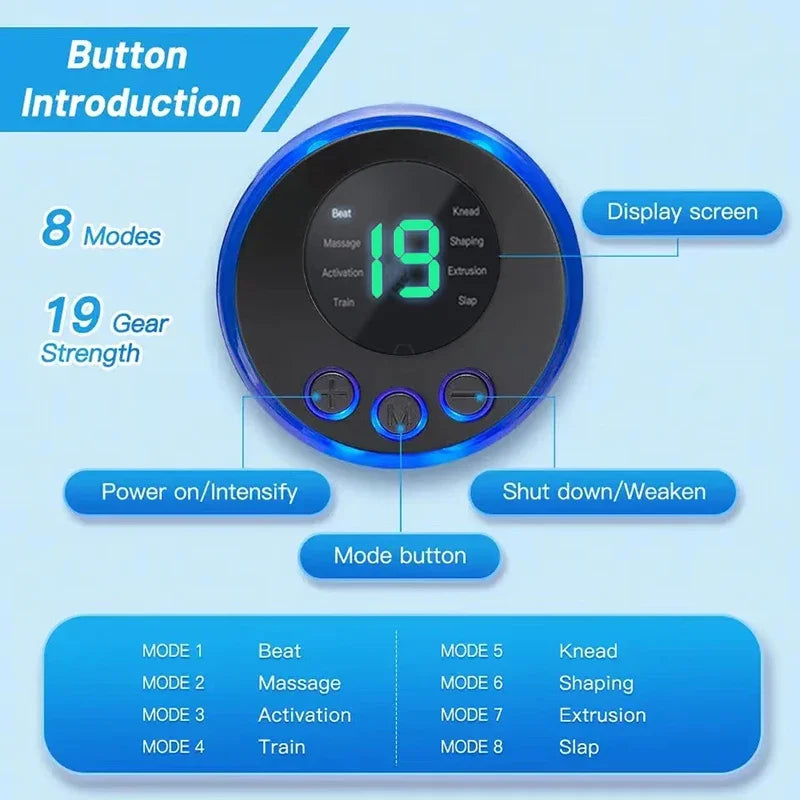 Masaj Electric pentru Picioare EMS cu Pad de Stimulare și Telecomandă – 8 Moduri, 19 Niveluri, Portabil