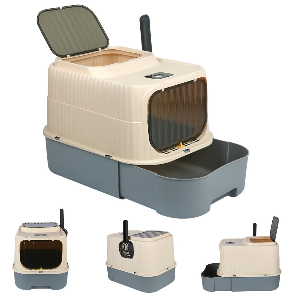 Toaletă pentru Pisici cu Sterilizare UV – Cutie Mare cu Capac, Sertar și Lopățică, Control Eficient al Mirosurilor