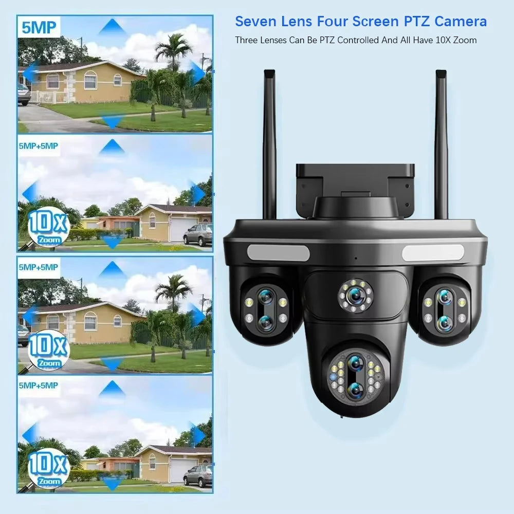 Cameră Inteligentă WiFi Exterior 35MP – 7 Lentile, 4 ecrane, Zoom 10X, Audio 2-Way, Auto Tracking
